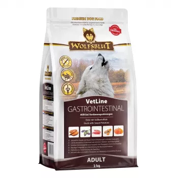 Suché krmivo pre psov Wolfsblut VetLine Gastrointestinal kačica 2 kg — veterinárna diéta na podporu trávenia, 20 % bielkovín, 10 % tuku