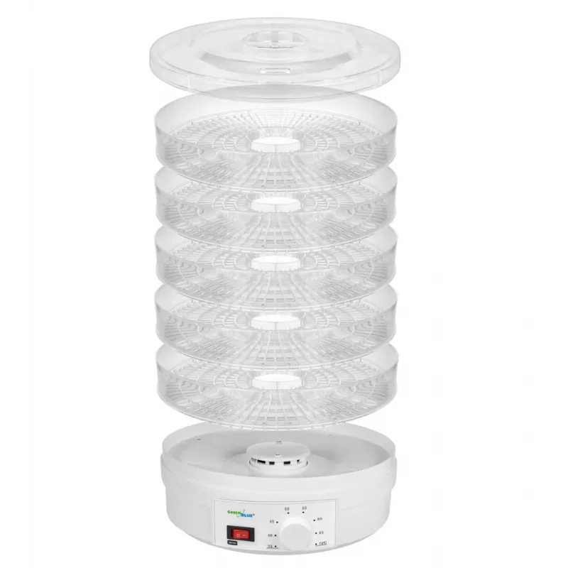 GreenBlue GB190 sušička na huby, zeleninu a ovocie, 5 sít, 250 W, nastaviteľná teplota 35–70 °C, biela