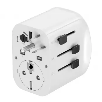 Cestovný adaptér GEMBIRD TPA-EU2A1C15-01-W – 15W, konektor Type-E, 2× USB-A + 1× USB-C, 100–250V