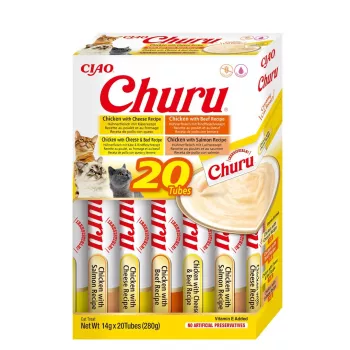 Mačacie pochúťky INABA Churu sortimentná krabica — kura a hovädzina, 20 x 14 g tuby