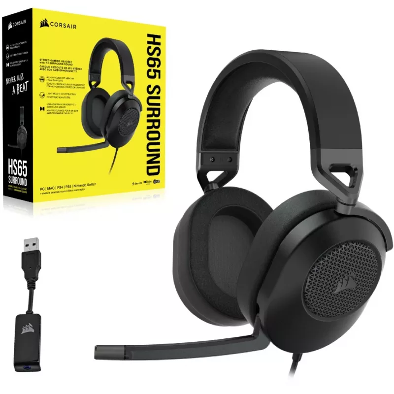 Headset CORSAIR HS65 SURROUND káblový herný headset, okolo uší, 3,5 mm + USB adaptér, 32 Ω, 282 g, carbon