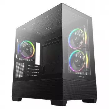 PC Midi Tower DeepCool CG380 3F – čierna, 235×437×451 mm, podporuje 2x120 mm bočný + 1x120 mm zadný ventilátor, napájací zdroj dole, 2,5