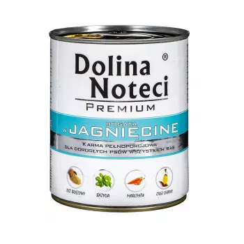 Mokré krmivo pre psov Dolina Noteci Premium jahňacie 800 g konzerva — bez obilnín, dospelí psi, proteín 12 %, vlhkosť 77 %