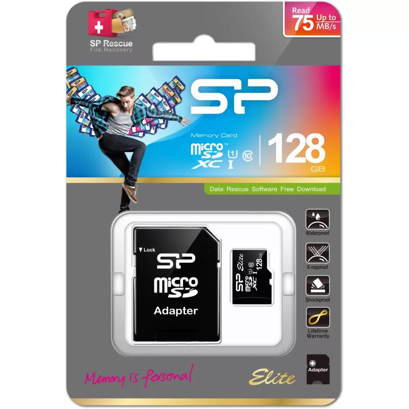 MicroSDXC flash pamäťová karta Silicon Power 128 GB UHS‑I (Class 10, U1), 85 MB/s, čierna, s SD adaptérom