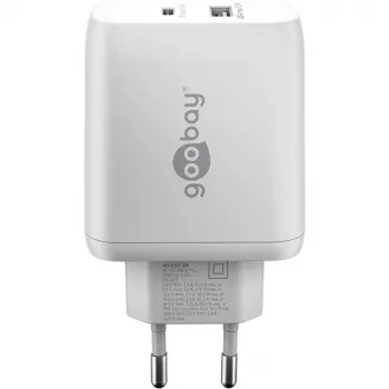 USB-C duálna rýchlonabíjačka, PD, GaN, 65 wattov (biela, 1x USB-C, 1x USB-A, Power Delivery)