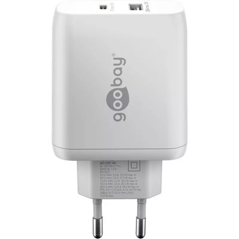 USB-C duálna rýchlonabíjačka, PD, GaN, 65 wattov (biela, 1x USB-C, 1x USB-A, Power Delivery)
