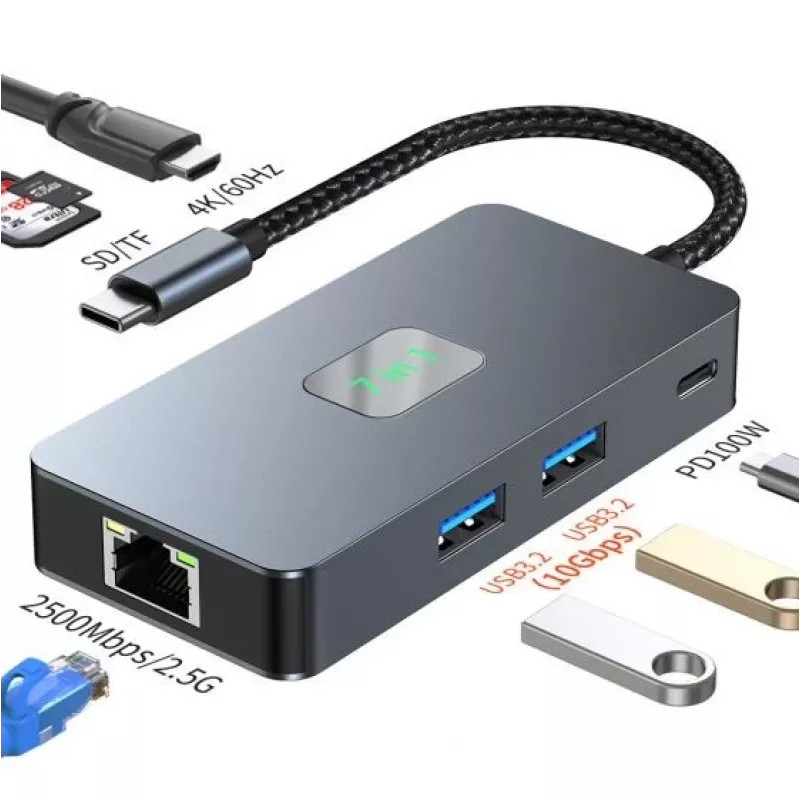 TB adaptér hub USB-C (7-in-1) HDMI USB SD/TF RJ45 (2500 Mbit/s) PD