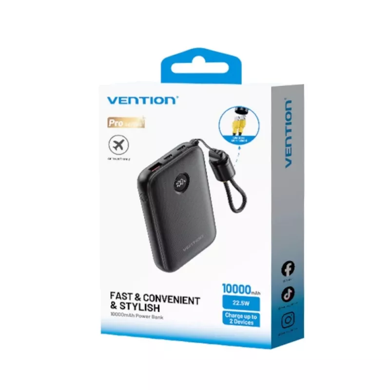 Powerbank Vention FKAB0-C 10000 mAh, 2× USB-C + 1× USB-A, 22,5 W, čierna