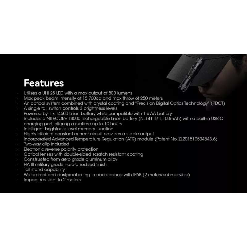 Ručná baterka Nitecore MT1A Pro — LED 50 lm, USB nabíjateľná, 1100 mAh, hliník, vodotesná, nárazuvzdorná, čierna