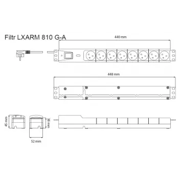 Prepäťová ochranná zásuvková lišta LXARM810, 8x 230V, 5m, čierna