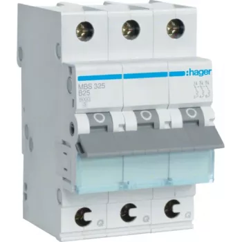 Hager MBS325. Menovitý prúd: 25 A, vstupná frekvencia: 50/60 Hz. Typ: B-Typ, počet modulov (max.): 3 moduly. Šírka: 52,5 mm, hĺbka: 70 mm, výška: 83,4 mm (MBS325)