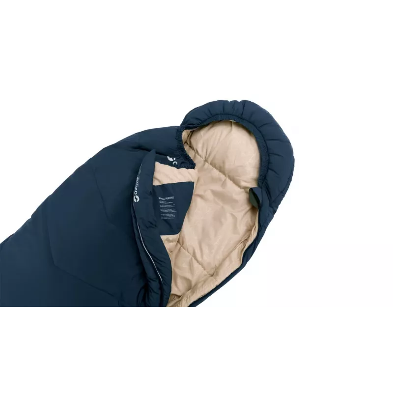 Spací vak Outwell detský mumia polyester modrý — dĺžka 1700 mm, šírka 630 mm, pre používateľov do 150 cm