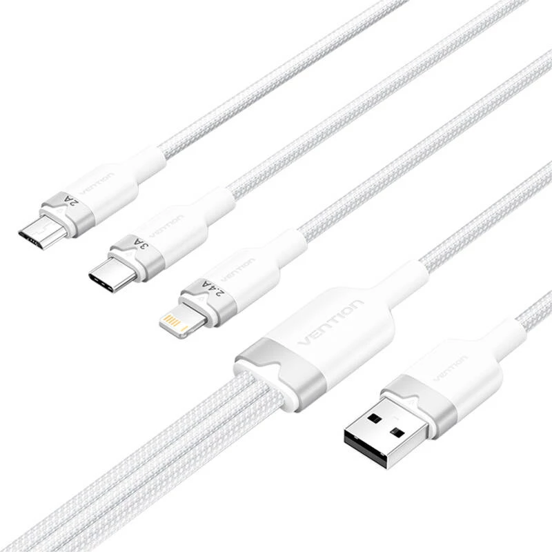 Kábel USB 2.0 A na 3-in-1 3A Vention CTPWG 1,5 m biely