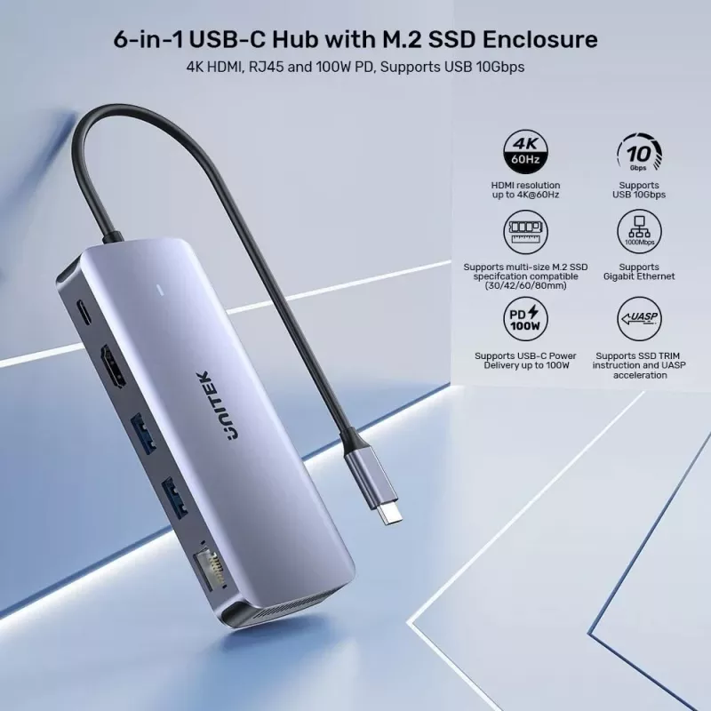 UNITEK aktívny hub USB-C 10GBPS,M.2,HDMI, PD 100W