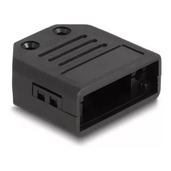 Káblové puzdro DELOCK D-Sub puzdro pre 9-pólový konektor samec/samica, plast s odľahčením kábla, 33,3×33,8×14,8 mm, čierne