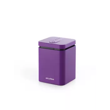 Odparovací aroma difuzér Stylies ELARAPURPLE pre miestnosti do 25 m² — fialový, obdĺžnikový, sieťový/batériový/USB, vonná kartuša, 2-hodinový časovač, 74×74×100 mm, 1,3 W