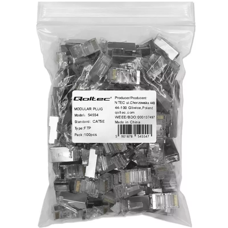 Modulárny RJ45 konektor QOLTEC 54554 CAT5e FTP, 100 ks, strieborný, plast, 11×22×18 mm