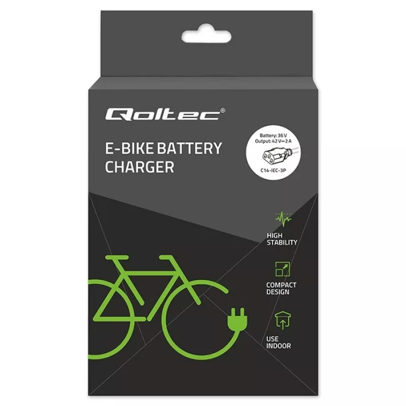 Nabíjačka QOLTEC 36V–42V 2A s 3-polovým konektorom samec C14-IEC pre batérie e-bike