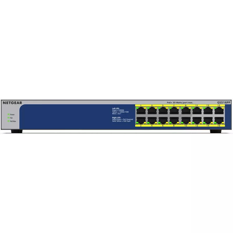 NETGEAR GS516PP Unmanaged Gigabit Ethernet (10/100/1000) Power over Ethernet (PoE) modrá, sivá