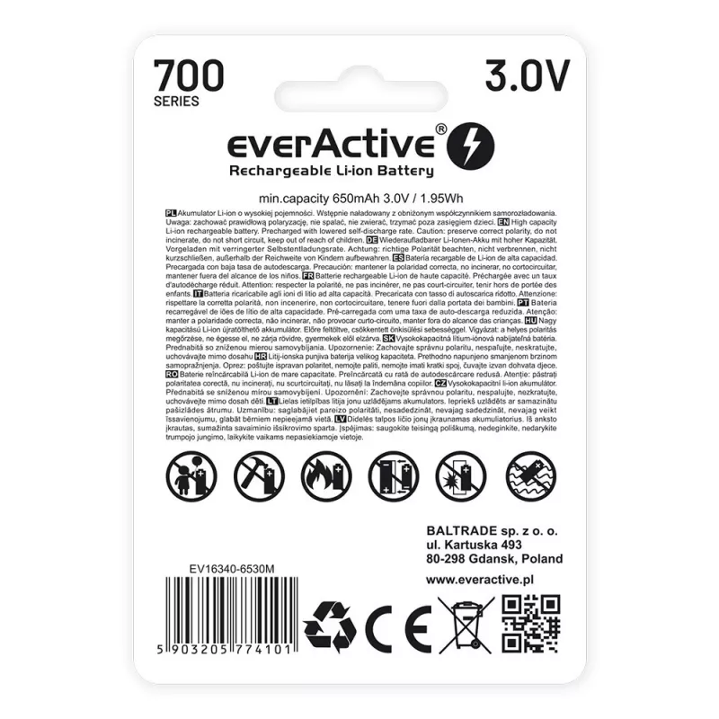 Nabíjateľná batéria everActive EV16340 700mAh 3V s funkciou nabíjania Micro-USB