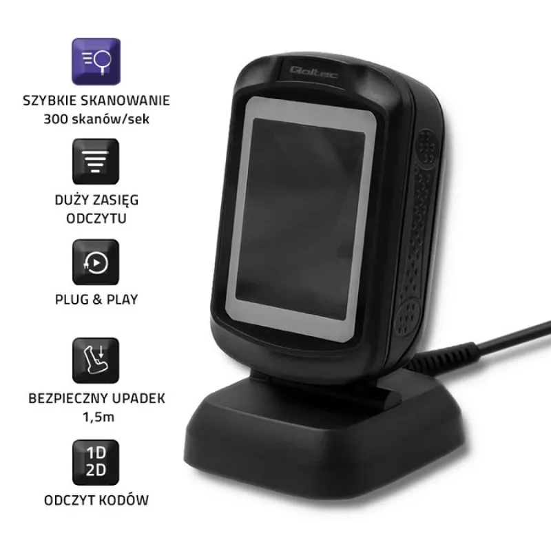 Pevný 1D/2D čítač čiarových kódov QOLTEC 50864, LED senzor, USB (káblový), čierny, 145×85×80 mm
