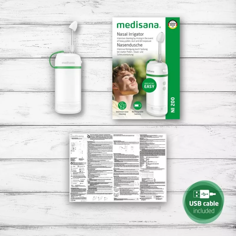 Medisana NI 200 elektrický nosový irigátor, nádrž na vodu 150 ml, 3 programy, USB-C, 1400 mAh, IPX7, skladací, biely