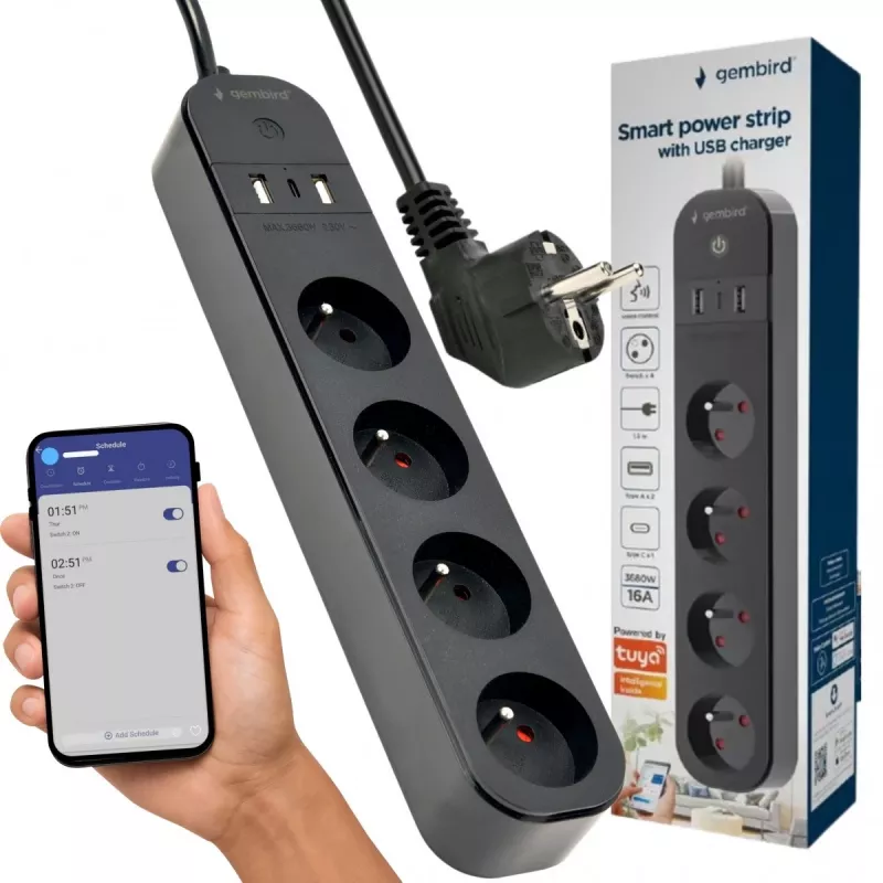 Predlžovacia zásuvka GEMBIRD TSL-PS-F4U-02 so 4 zásuvkami PL a USB nabíjačkou, čierna