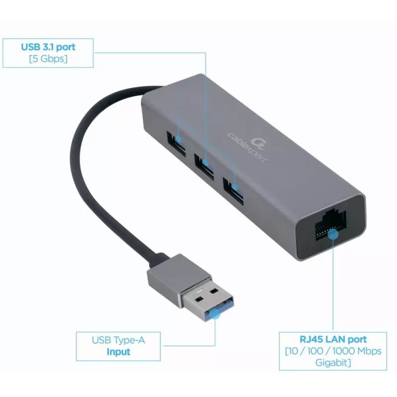 Gembird A-AMU3-LAN-01 adaptér USB-A na Gigabit LAN s 3-portovým USB 3.0 hubom, čierny