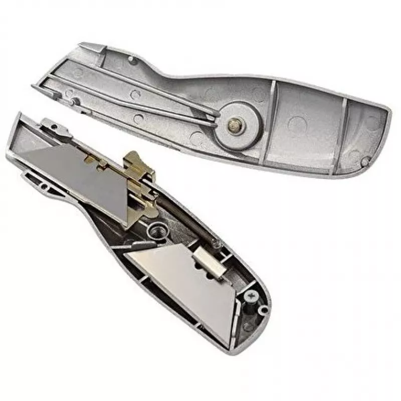 WEDO 78808 Safety-Cutter ALU univerzálny nôž, lichobežníková čepeľ, pružinová, automaticky sa zasúvajúca, 2 náhradné čepele, TÜV/GS, strieborný
