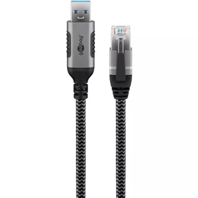 Ethernetový kábel USB-A 3.2 Gen1 konektor samec > RJ-45 konektor samec, LAN adaptér čierny/strieborný, 5 metrov, pletený textilný plášť