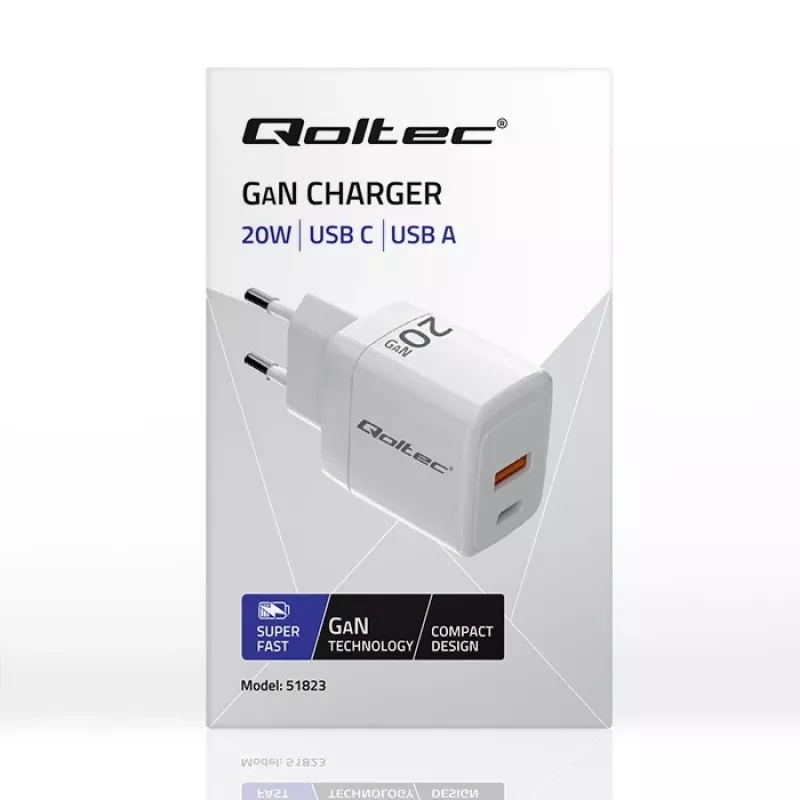 GaN nabíjačka QOLTEC 51823 20W USB napájací zdroj, výstup 5V/20V