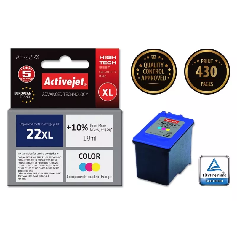 Activejet AH-22RX atrament (náhrada za HP 22XL C9352A; Premium; 18 ml; farebná)