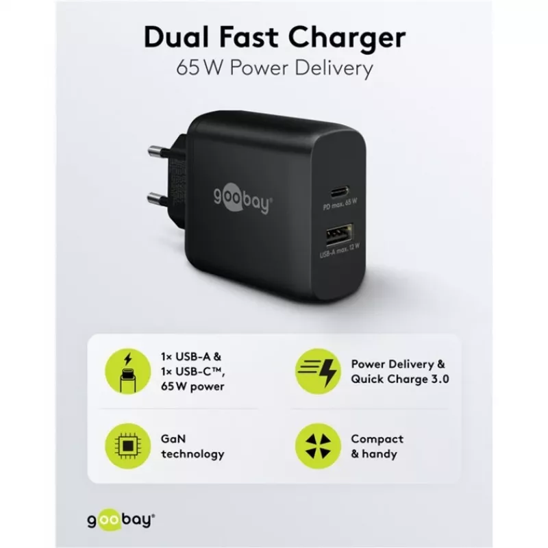 USB-C duálna rýchlonabíjačka, PD, GaN, 65 wattov (čierna, 1x USB-C, 1x USB-A, Power Delivery)