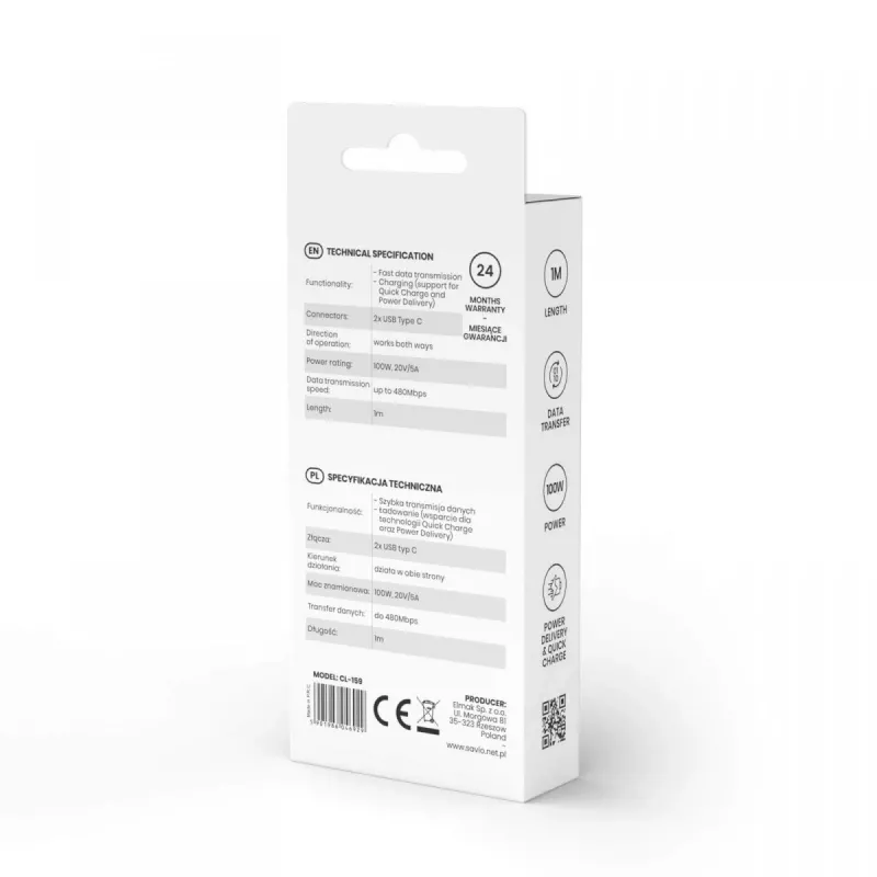 USB-C na USB-C kábel SAVIO CL-159 1 m, USB 2.0 (480 Mbit/s), čierny, 2,1 A