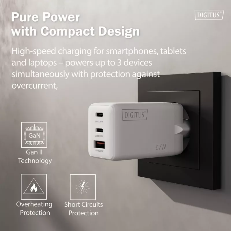 Nástenná nabíjačka DIGITUS DA-10303 67W GaN, 2× USB-C + 1× USB-A, 100–240V, biela