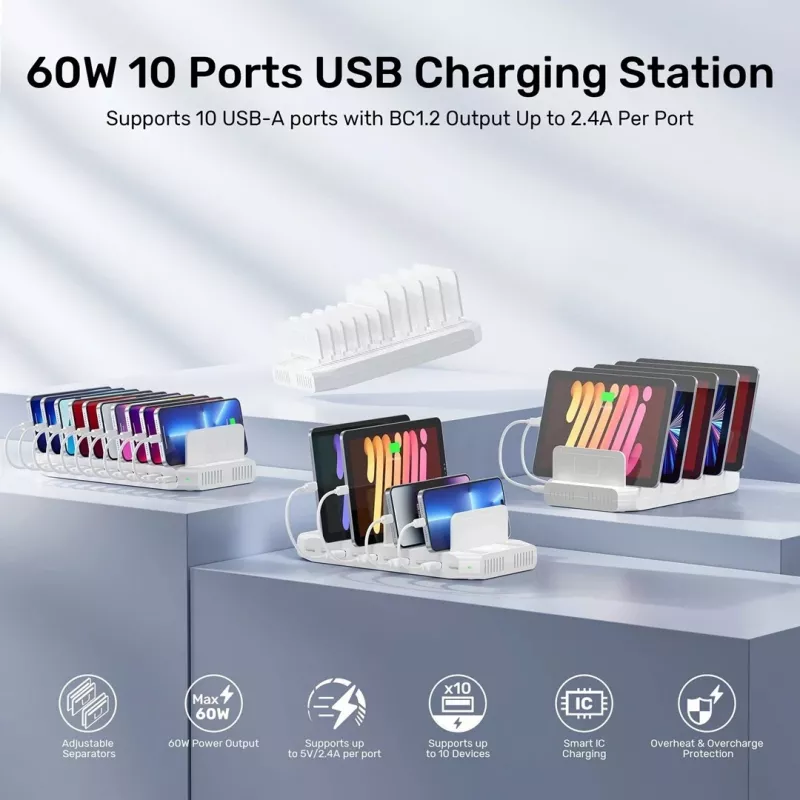 Unitek nabíjacia stanica 10x USB 2.4A 60W biela