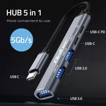 Qoltec 53790 Hub adaptér USB-C 3.1 5in1 | USB-C PD | USB-C | 2x USB 2.0 | USB 3.0