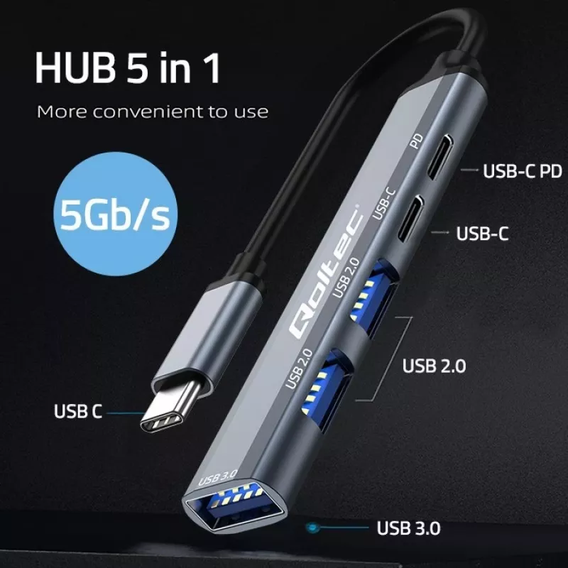 Qoltec 53790 Hub adaptér USB-C 3.1 5in1 | USB-C PD | USB-C | 2x USB 2.0 | USB 3.0