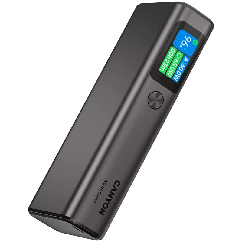 Canyon OnPower 230 TFT powerbanka, 20000 mAh, PD 130 W, 2x USB-C + USB-A, kovové puzdro, tmavosivá