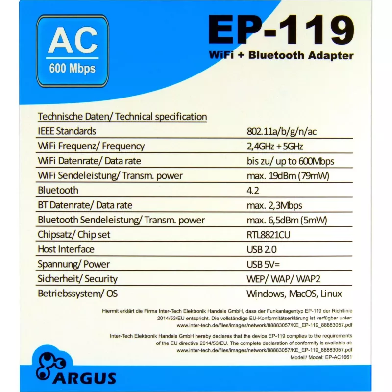 USB WLAN/Bluetooth adaptér INTER-TECH EP-119, Wi-Fi 5 (802.11ac) dualband 600 Mbit/s