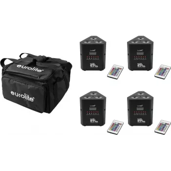 LED svetelná sada EUROLITE AKKU TL-3 QuickDMX 4x s mäkkým puzdrom – batériové TL-3 svetlá, ovládanie QuickDMX, transportná taška