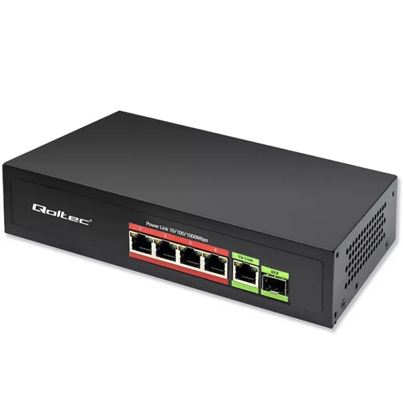 Ethernet PoE switch QOLTEC 52296 — 4x RJ45 PoE porty, 1x RJ45 uplink