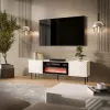 TV skrinka cama meble LUCCA 180x40x59 cm, biela vrchná doska a rám, čierny elektrický krb