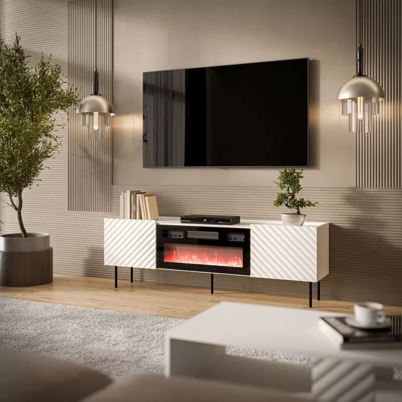 TV skrinka cama meble LUCCA 180x40x59 cm, biela vrchná doska a rám, čierny elektrický krb