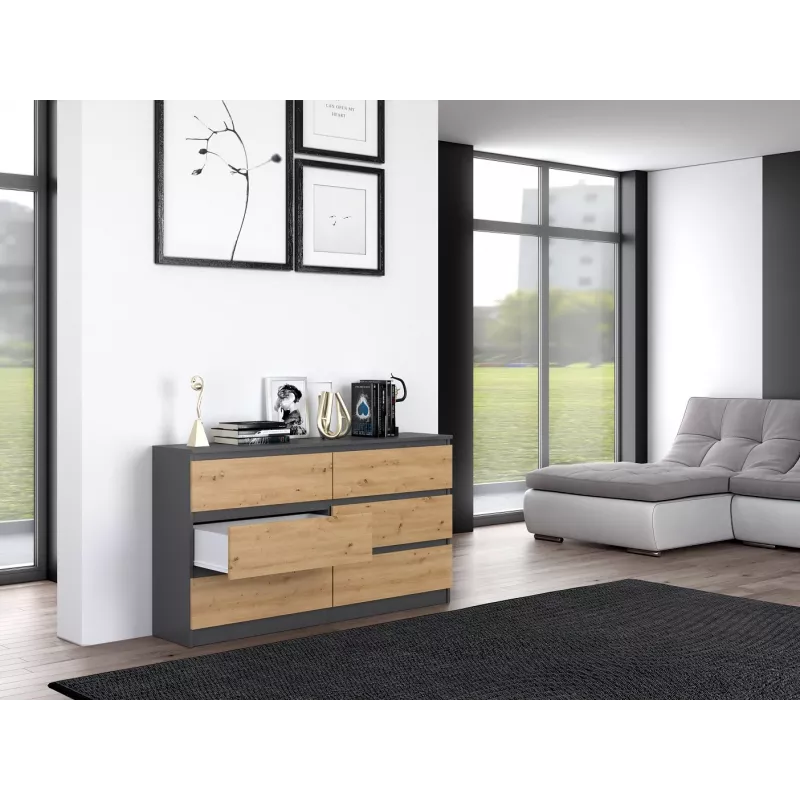 Komoda Top e Shop M6 140 ANT/ART, 6 zásuviek, antracit dub, 1380×750×400 mm