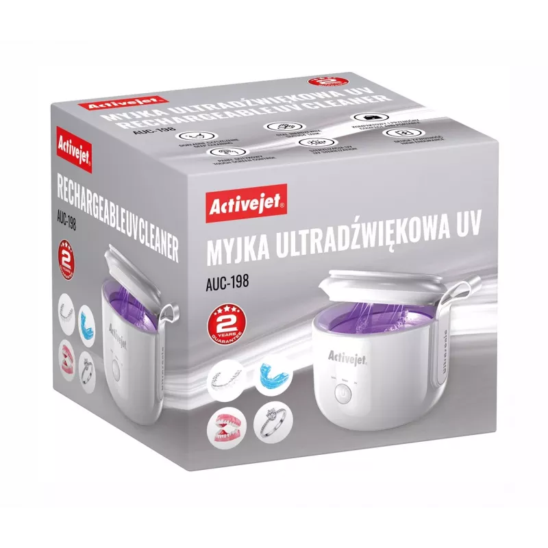Ultrazvukový čistič ActiveJet AUC-198 — USB nabíjanie, UV, 7,4 V, 106×107×89 mm