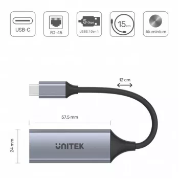 Sieťová karta Unitek U1312A, IEEE 802.3, sivá, 0,5 m kábel