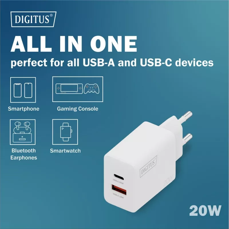 AC USB nabíjačka DIGITUS 20W, 1x USB-C, 1x USB-A, vstup 100–240V, biela
