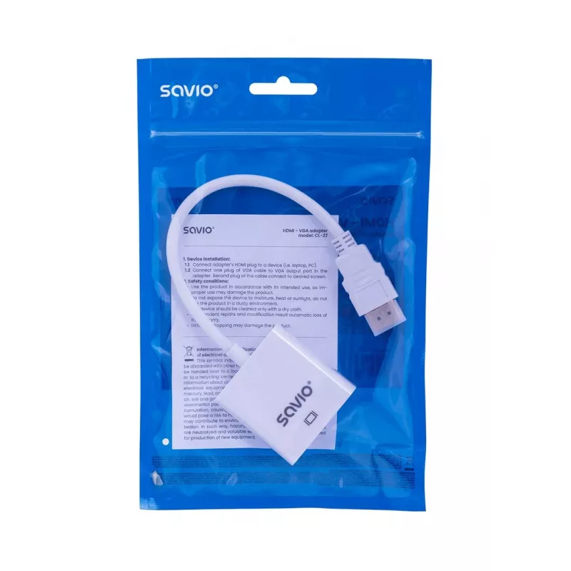 Savio CL-27B videokáblový adaptér 0,1 m HDMI Type-A (štandard) VGA (D-Sub) biely