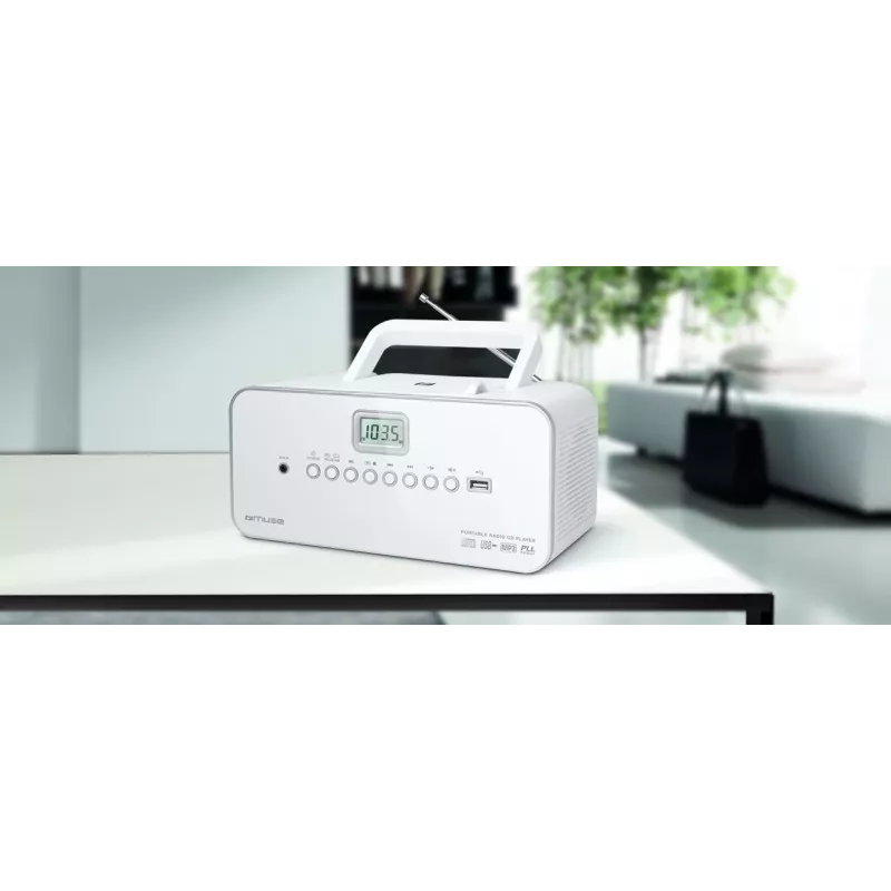 Prenosný stereo systém Muse M-28RDW – CD/MP3 prehrávač, FM/MW tuner, 3W RMS, biela, 1,4 kg